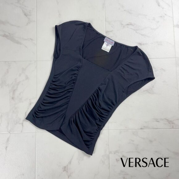 Versace (Authentic) Black Silky Ruched Vintage Y2K Top, Size IT 42/US 4-6, EUC - Picture 1 of 7